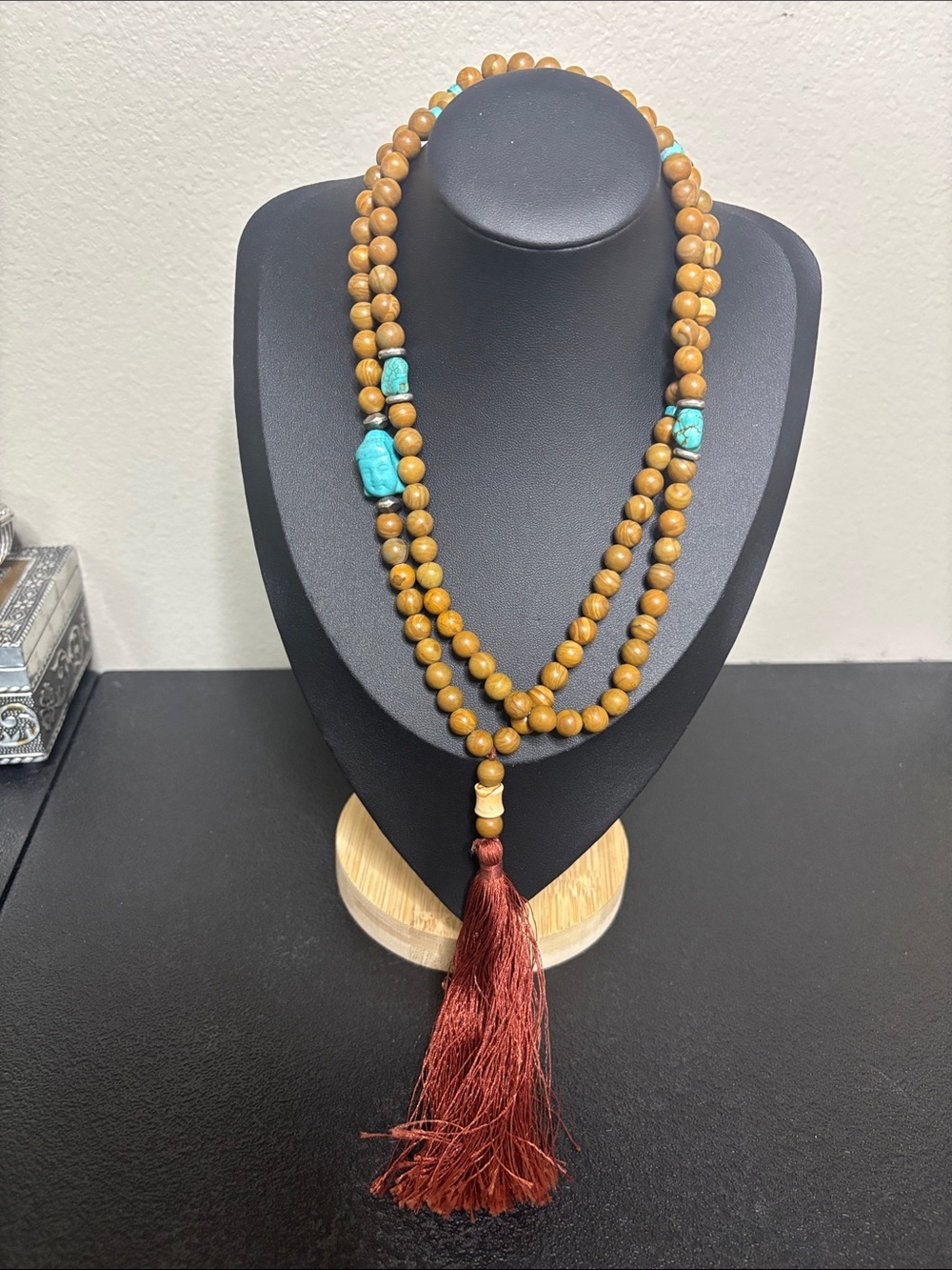 Boho Handcrafted Brown Stone Beaded Necklace Turquoise Accents Red Tassel